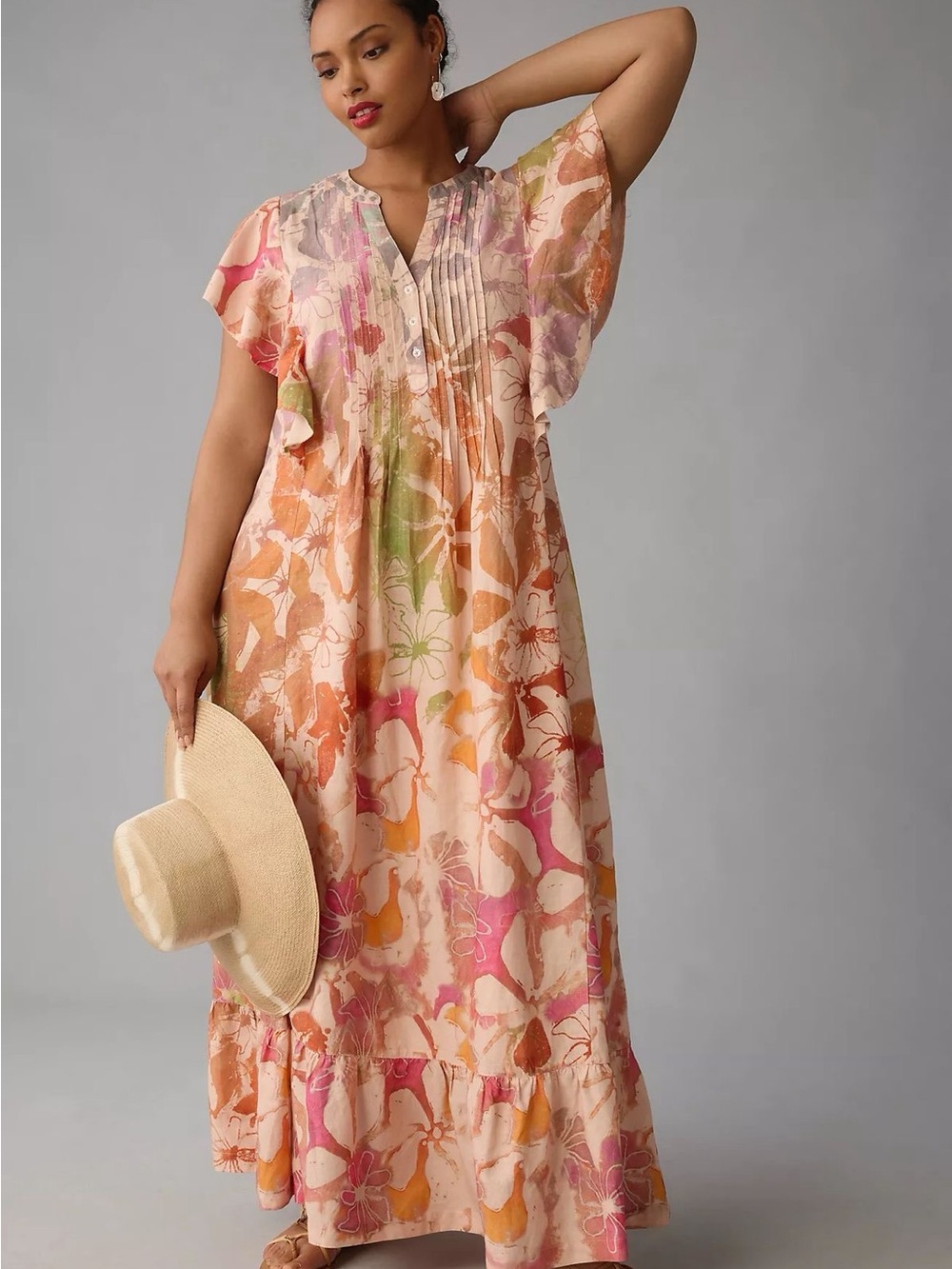 Anthropologie Cassandra Floral Multicolor Flutter-Sleeve Maxi Dress